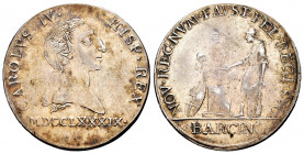 Charles IV (1788-1808). "Proclamation" medal. 1789. Barcelona. (H-11). (Vq-13073). Ag. 6,15 g. Engraver: J. Daroca. 31 mm. Hairlines. Almost XF. Est.....