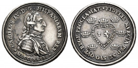 Charles IV (1788-1808). "Proclamation" medal. 1789. Murcia. (Ha-78). (Vq-13132). (Rah-380). Ag. 4,02 g. 23 mm. Engraver: M. Peleguer and Tossar. Tone....