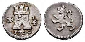 Charles IV (1788-1808). 1/4 real. 1799. Santa Fe de Nuevo Reino. (Cal-167). Ag. 0,78 g. Choice VF. Est...170,00. 


 SPANISH DESCRIPTION: Carlos IV...