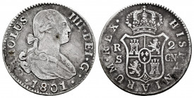 Charles IV (1788-1808). 2 reales. 1801. Sevilla. CN. (Cal-722). Ag. 5,91 g. Choice F. Est...25,00. 


 SPANISH DESCRIPTION: Carlos IV (1788-1808). ...