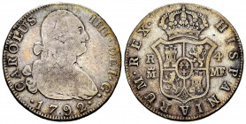 Charles IV (1788-1808). 4 reales. 1792. Madrid. MF. (Cal-778). Ag. 13,31 g. F/Choice F. Est...45,00. 


 SPANISH DESCRIPTION: Carlos IV (1788-1808)...