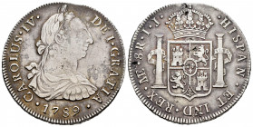 Charles IV (1788-1808). 8 reales. 1789. Lima. IJ. (Cal-903). Ag. 26,71 g. Bust of Charles III and numeral of King IV. Small planchet flaw on reverse. ...
