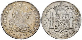 Charles IV (1788-1808). 8 reales. 1791. Lima. IJ. (Cal-905). Ag. 26,84 g. Bust of Charles III and Ordinal IV. Scarce. Choice VF. Est...175,00. 


 ...