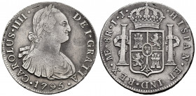 Charles IV (1788-1808). 8 reales. 1795. Lima. IJ. (Cal-912). Ag. 26,71 g. Almost VF. Est...75,00. 


 SPANISH DESCRIPTION: Carlos IV (1788-1808). 8...