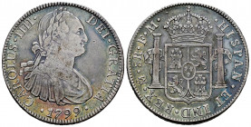 Charles IV (1788-1808). 8 reales. 1799. México. FM. (Cal-917). Ag. 26,66 g. Patina. Almost VF/VF. Est...65,00. 


 SPANISH DESCRIPTION: Carlos IV (...