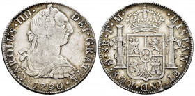 Charles IV (1788-1808). 8 reales. 1790. México. FM. (Cal-952). Ag. 26,77 g. Bust of Charles III and ordinal of king IIII. Scarce. Almost VF. Est...75,...