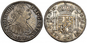Charles IV (1788-1808). 8 reales. 1794. México. FM. (Cal-956). Ag. 27,01 g. Tone. Choice VF. Est...180,00. 


 SPANISH DESCRIPTION: Carlos IV (1788...