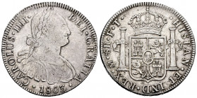 Charles IV (1788-1808). 8 reales. 1803. México. FT. (Cal-977). Ag. 26,89 g. Choice VF. Est...70,00. 


 SPANISH DESCRIPTION: Carlos IV (1788-1808)....