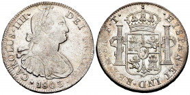 Charles IV (1788-1808). 8 reales. 1803. México. FT. (Cal-977). Ag. 27,03 g. Mino area of weak strike. Almost XF. Est...90,00. 


 SPANISH DESCRIPTI...