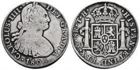 Charles IV (1788-1808). 8 reales. 1806. México. TH. (Cal-984). Ag. 26,55 g. Choice F. Est...50,00. 


 SPANISH DESCRIPTION: Carlos IV (1788-1808). ...