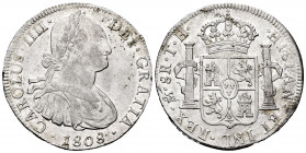 Charles IV (1788-1808). 8 reales. 1808. México. TH. (Cal-988). Ag. 26,90 g. Hairline on obverse. It retains some luster. Almost XF/Choice VF. Est...20...