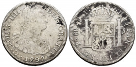 Charles IV (1788-1808). 8 reales. 1797. Potosí. PP. (Cal-1001). Ag. 26,72 g. Rust. Almost VF/Choice F. Est...60,00. 


 SPANISH DESCRIPTION: Carlos...