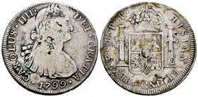 Charles IV (1788-1808). 8 reales. 1799. Potosí. PP. (Cal-1003). Ag. 26,91 g. Chop marks. Choice F. Est...60,00. 


 SPANISH DESCRIPTION: Carlos IV ...