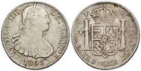 Charles IV (1788-1808). 8 reales. 1803. Potosí. PJ. (Cal-1007). Ag. 26,55 g. Choice F. Est...50,00. 


 SPANISH DESCRIPTION: Carlos IV (1788-1808)....