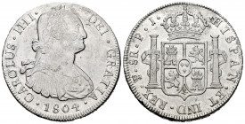 Charles IV (1788-1808). 8 reales. 1804. Potosí. PJ. (Cal-1008). Ag. 26,79 g. Cleaned. Choice VF. Est...175,00. 


 SPANISH DESCRIPTION: Carlos IV (...