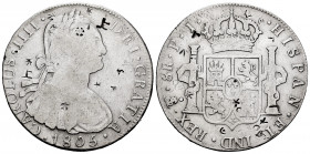 Charles IV (1788-1808). 8 reales. 1805. Potosí. PJ. (Cal-1010). Ag. 26,22 g. Chop marks. F. Est...50,00. 


 SPANISH DESCRIPTION: Carlos IV (1788-1...