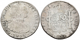 Charles IV (1788-1808). 8 reales. 1806. Potosí. PJ. (Cal-1012). Ag. 26,32 g. F. Est...40,00. 


 SPANISH DESCRIPTION: Carlos IV (1788-1808). 8 real...