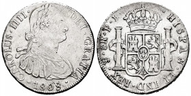 Charles IV (1788-1808). 8 reales. 1808. Potosí. PJ. (Cal-1014). Ag. 26,97 g. Choice VF. Est...90,00. 


 SPANISH DESCRIPTION: Carlos IV (1788-1808)...