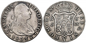 Charles IV (1788-1808). 8 reales. 1803. Sevilla. CN. (Cal-1065). Ag. 26,65 g. VF. Est...160,00. 


 SPANISH DESCRIPTION: Carlos IV (1788-1808). 8 r...