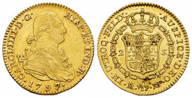 Charles IV (1788-1808). 2 escudos. 1797. Madrid. MF. (Cal-1289). Au. 6,67 g. Hairlines. Choice VF. Est...300,00. 


 SPANISH DESCRIPTION: Carlos IV...