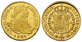 Charles IV (1788-1808). 2 escudos. 1804. Madrid. FA. (Cal-1310). Au. 6,74 g. Minor nicks on edge. It retains some minor luster. Almost XF/XF. Est...32...