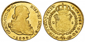 Charles IV (1788-1808). 2 escudos. 1800. Sevilla. CN. (Cal-1436). Au. 6,71 g. It retains some minor luster. Weak strike. Almost XF. Est...320,00. 

...