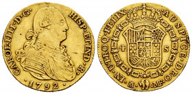 Charles IV (1788-1808). 4 escudos. 1792. Madrid. MF. (Cal-1475). Au. 13,41 g. Nicks on edge. Almost VF/VF. Est...550,00. 


 SPANISH DESCRIPTION: C...