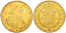 Charles IV (1788-1808). 8 escudos. 1793. Santa Fe de Nuevo Reino. JJ. (Cal-1723). (Cal onza-1123). (Restrepo-97-8). Au. 27,01 g. Choice VF. Est...1500...