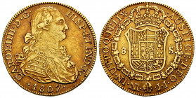 Charles IV (1788-1808). 8 escudos. 1807. Santa Fe de Nuevo Reino. JJ. (Cal-1748). (Cal onza-1147). (Restrepo-97-38). Au. 26,90 g. Patina. Choice VF. E...