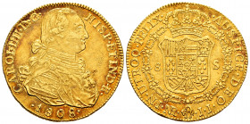 Charles IV (1788-1808). 8 escudos. 1808. Santa Fe de Nuevo Reino. JJ. (Cal-1749). (Cal onza-1149). Au. 26,90 g. Two pellets between D / G. Choice VF/A...