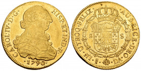 Charles IV (1788-1808). 8 escudos. 1790. Santiago. DA. (Cal-1752). (Cal onza-1152). Au. 27,02 g. Bust of Charles III and Ordinal IV. Minor hairlines. ...