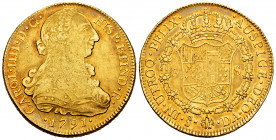 Charles IV (1788-1808). 8 escudos. 1791. Santiago. DA. (Cal-1756). (Cal onza-1155). Au. 26,98 g. Bust of Charles III and ordinal of king IIII. Weak st...