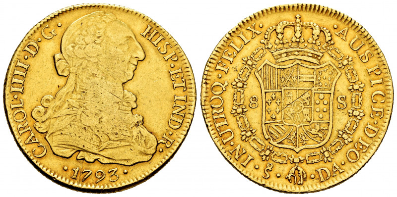 Charles IV (1788-1808). 8 escudos. 1793. Santiago. DA. (Cal-1758). (Cal onza-115...