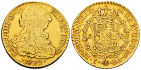 Charles IV (1788-1808). 8 escudos. 1793. Santiago. DA. (Cal-1758). (Cal onza-1157). Au. 27,01 g. Minor hairlines and minor nicks on edge. Bust of Char...