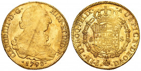 Charles IV (1788-1808). 8 escudos. 1798. Santiago. DA. (Cal-1764). (Cal onza-1163). Au. 26,96 g. Bust of Charles III and ordinal of king IIII. Adjustm...