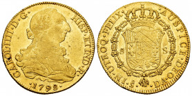Charles IV (1788-1808). 8 escudos. 1798. Santiago. DA. (Cal-1764). (Cal onza-1163). Au. 27,02 g. Adjustment lines on reverse. It retains some minor lu...