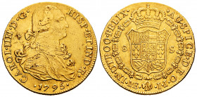 Charles IV (1788-1808). 8 escudos. 1795. Lima. IJ. (Cal-1594). (Cal-986). Au. 27,00 g. Planchet flaw on obverse. VF/Choice VF. Est...1200,00. 


 S...