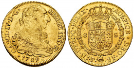 Charles IV (1788-1808). 8 escudos. 1789. Popayán. SF. (Cal-1658). (Cal onza-1048). Au. 26,86 g. Bust of Charles III and Ordinal IV. Scarce. Almost XF/...