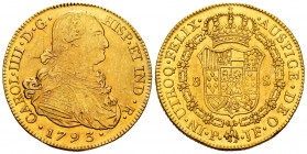 Charles IV (1788-1808). 8 escudos. 1793. Popayán. JF. (Cal-1664). Au. 27,00 g. Minimal marks on obverse. It retains some luster. XF. Est...1500,00. 
...