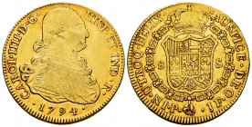 Charles IV (1788-1808). 8 escudos. 1794. Popayán. JF. (Cal-1665). (Cal onza-1056). (Restrepo-98-8). Au. 26,99 g. VF/Choice VF. Est...1200,00. 


 S...