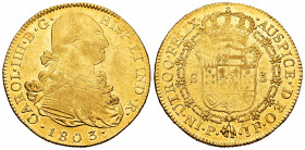 Charles IV (1788-1808). 8 escudos. 1803. Popayán. JF. (Cal-1677). (Cal onza-1066). (Restrepo-98-26). Au. 27,21 g. It retains some minor luster. Weak s...