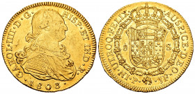 Charles IV (1788-1808). 8 escudos. 1803. Popayán. JF. (Cal-1677). (Cal onza-1066). (Restrepo-98-26). Au. 26,97 g. Original luster on reverse. Choice V...