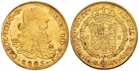 Charles IV (1788-1808). 8 escudos. 1805. Potosí. PJ. (Cal-1711). (Cal onza-1104). Au. 27,05 g. Planchet flaw on obverse. It retains some minor luster....