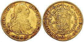 Charles IV (1788-1808). 8 escudos. 1792. Santa Fe de Nuevo Reino. JJ. (Cal-1721). (Cal onza-1121). (Restrepo-97-6a). Au. 26,90 g. Almost VF. Est...120...