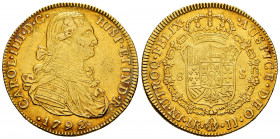Charles IV (1788-1808). 8 escudos. 1792. Santa Fe de Nuevo Reino. JJ. (Cal-1721). (Cal onza-1121). (Restrepo-97-6a). Au. 26,95 g. Minor nick on obvers...