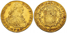 Charles IV (1788-1808). 8 escudos. 1793. Santa Fe de Nuevo Reino. JJ. (Cal-1723). (Cal onza-1123). (Restrepo-97-8). Au. 26,95 g. Almost VF. Est...1200...