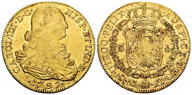 Charles IV (1788-1808). 8 escudos. 1797. Santa Fe de Nuevo Reino. JJ. (Cal-1730). (Cal onza-1129). (Restrepo-97-16). Au. 27,22 g. Cleaned. Almost XF/C...
