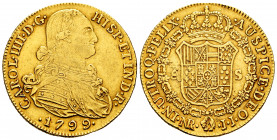 Charles IV (1788-1808). 8 escudos. 1799. Santa Fe de Nuevo Reino. JJ. (Cal-1733). (Cal onza-1132). (Restrepo-97-20). Au. 27,00 g. Two minor nicks on e...