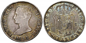 Joseph Napoleon (1808-1814). 10 reales. 1813. Madrid. RN. (Cal-31). Ag. 13,16 g. Scratches on obverse. Beautiful tone. Rare. Almost VF. Est...300,00. ...
