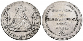 Ferdinand VII (1808-1833). "Proclamation" medal. 1808. Potosí. (H-50). Ag. 26,89 g. Graffiti. Rare. Choice VF. Est...300,00. 


 SPANISH DESCRIPTIO...
